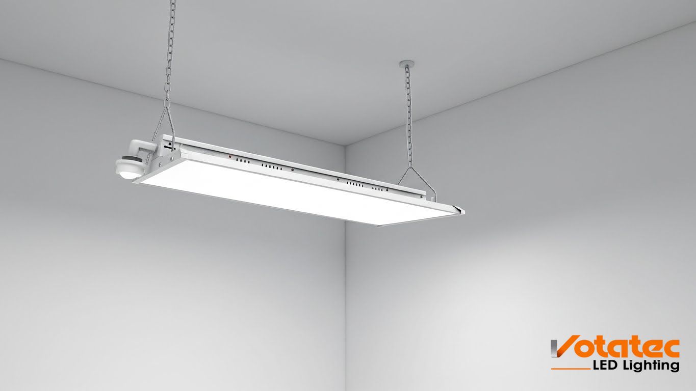 High bay LED lights installed in a warehouse facility